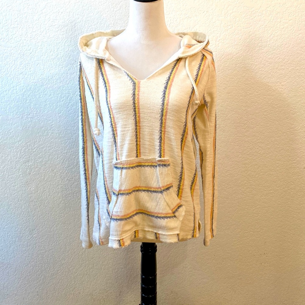 Off-white striped beach pull over with hood brand name is Ocean Drive